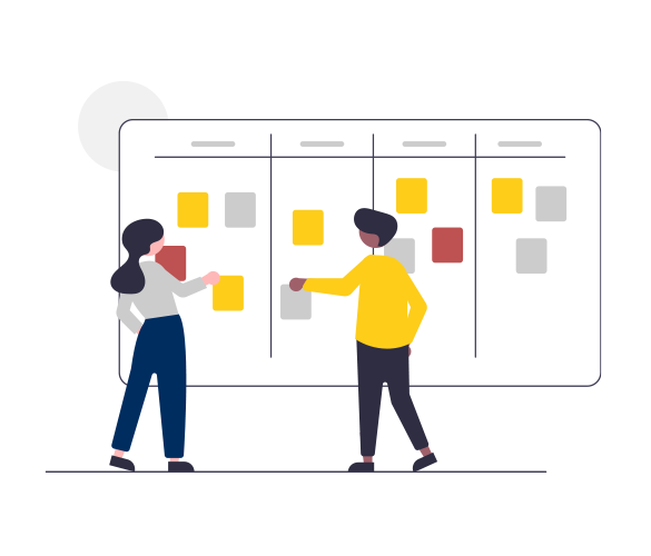 Grafik - 2 Menschen stehen vor einem Kanban-Board